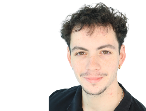 Head-and-shoulders portrait of a person with curly dark hair and a black shirt on a white background