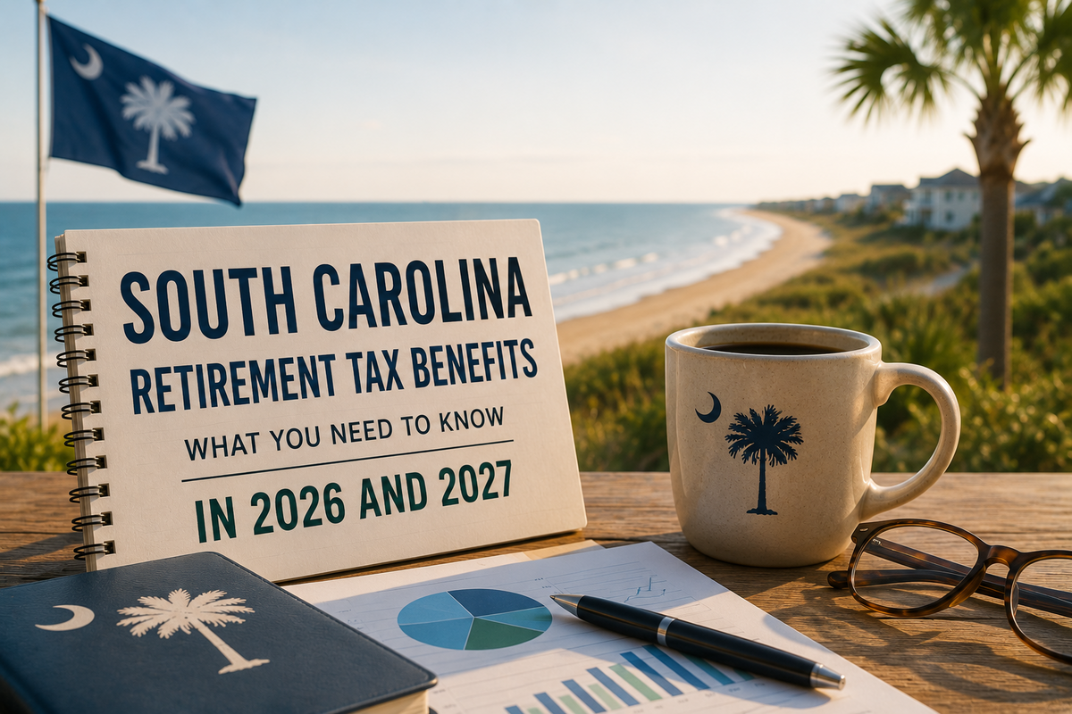 South Carolina retirement benefits sign on a desk with beach view, coffee mug, glasses, and papers
