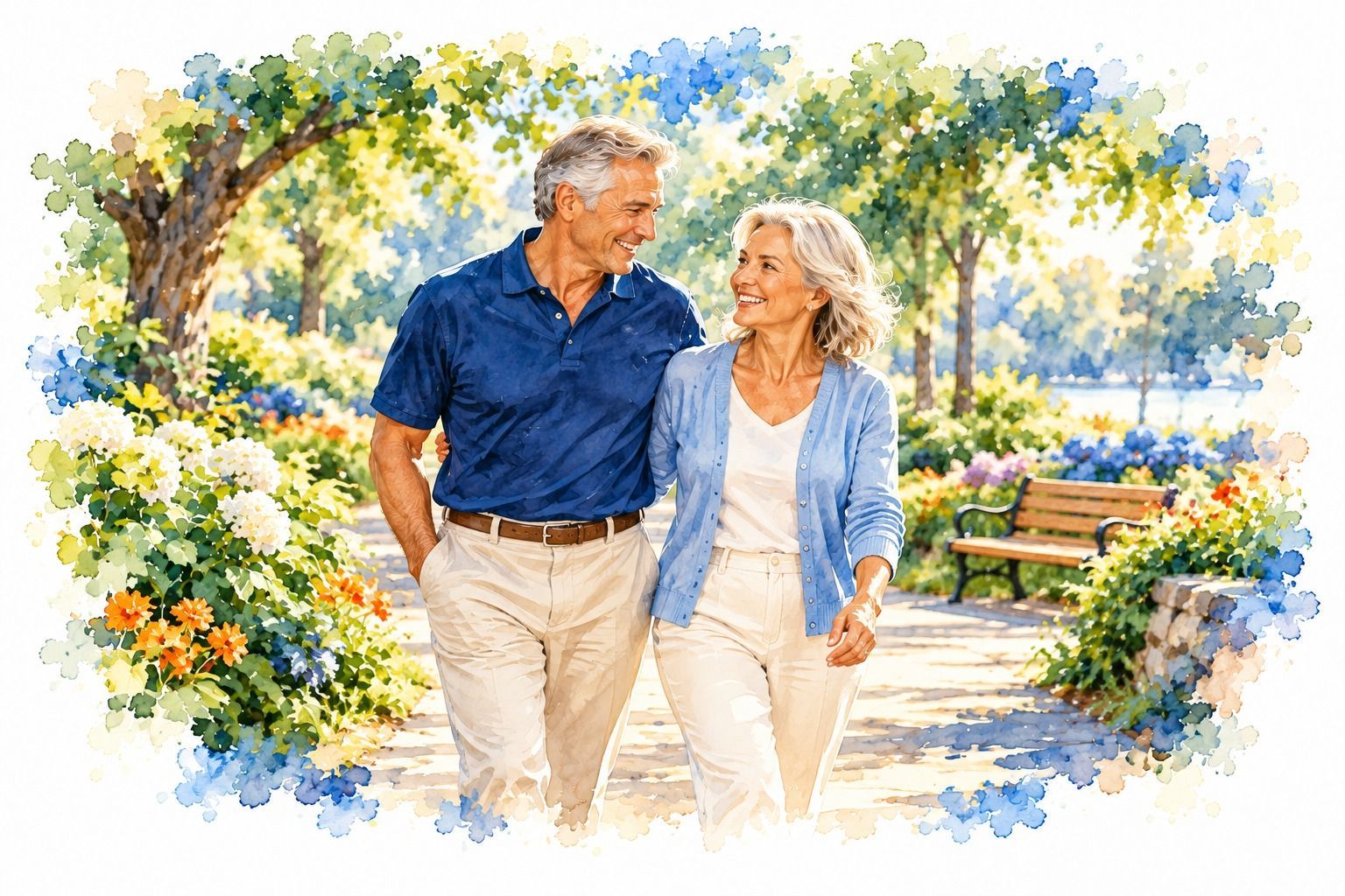 An older couple walking together and smiling in a sunny park