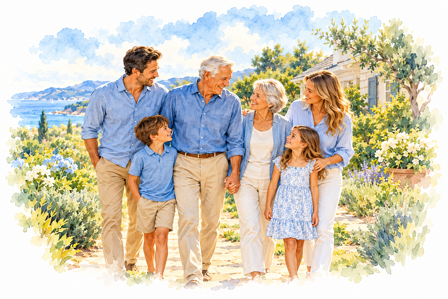 Watercolor illustration of a multigenerational family together
