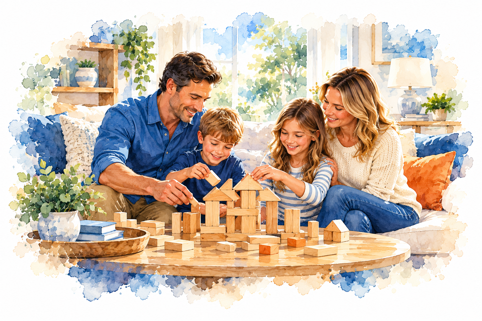 A family building with wooden blocks together on a living room table