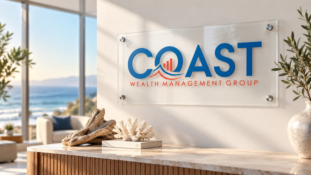 COAST Wealth Management Group sign on a bright seaside office wall with ocean view