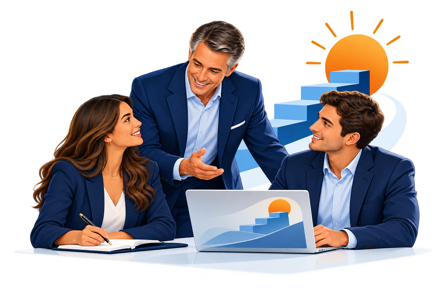 Experienced financial advisor mentoring two colleagues as they build their careers