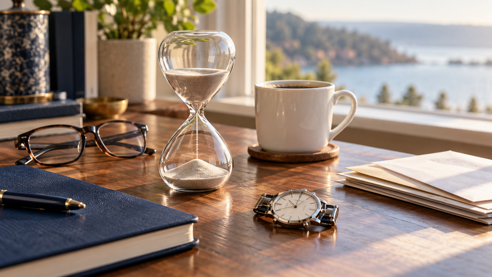 Hourglass, watch, and retirement planning notebook on a desk, illustrating Social Security claiming timing