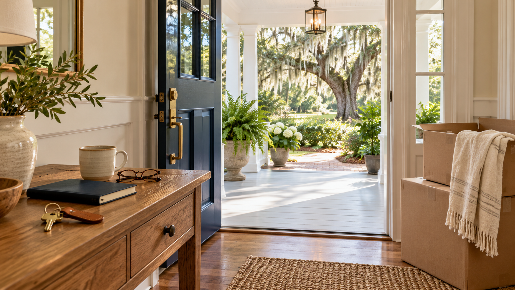House keys and moving boxes beside an open porch door, illustrating a retirement move to South Carolina