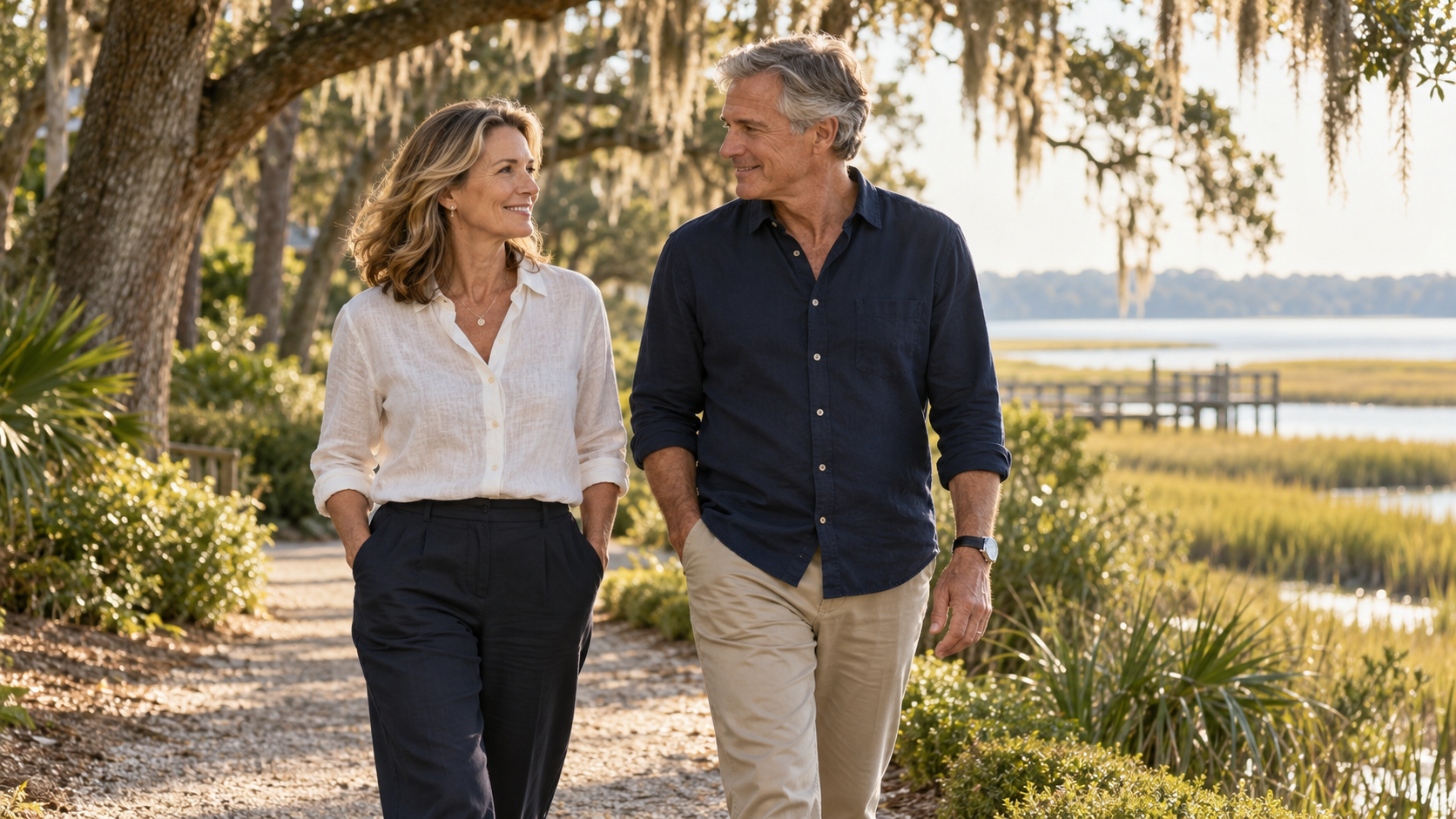 Couple walking beneath live oaks beside a coastal marsh, representing retirement in South Carolina