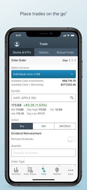 Smartphone showing a trading app with market prices, buy/sell buttons, and portfolio details