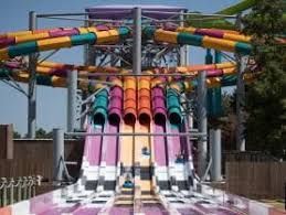A colorful water slide at a water park with trees in the background.