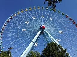A ferris wheel at an amusement park with a blue sky in the background.