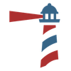 A red , white and blue lighthouse with a red light coming out of it.