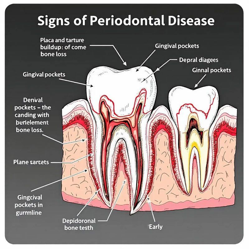 Click to Enlarge Cross-section illustration showing the effects of periodontal disease on teeth, including gum pockets and bone loss.