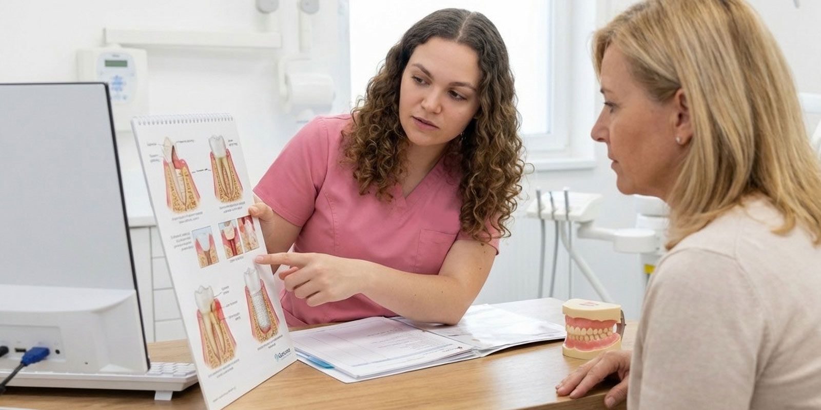 Dr. Stephanie Sfiroudis DDS, MS, showing a female a chart of Bone Grafting Treatment by Nassau County Periodontist