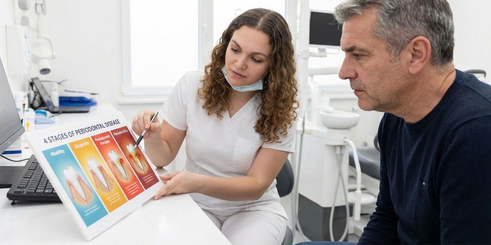 Dr. Stephanie Sfiroudis showing a male patient a Periodontal Disease Treatment chart in her Nassau County Office