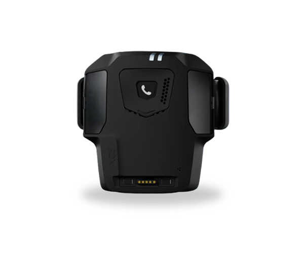 Black wearable communication device with a phone icon on the back and side attachments