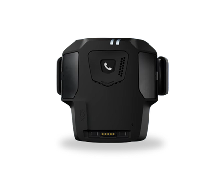 Black wearable communication device with side modules and a phone icon on the front