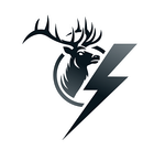 Silhouette of a stag's head inside a circle, with a lightning bolt overlayed diagonally in a gradient color.
