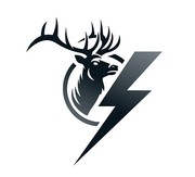 Silhouette of a stag's head inside a circle, with a lightning bolt overlayed diagonally in a gradient color.
