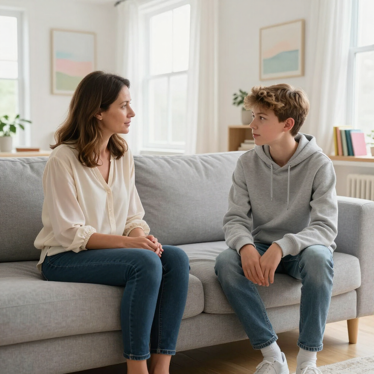 Twee mensen zitten tegenover elkaar op een grijze bank in een lichte woonkamer en lijken rustig met elkaar te praten.