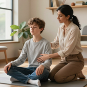Een therapeut ondersteunt een zittende patiënt op een rustige manier tijdens een mindfulness-sessie in een lichte ruimte.