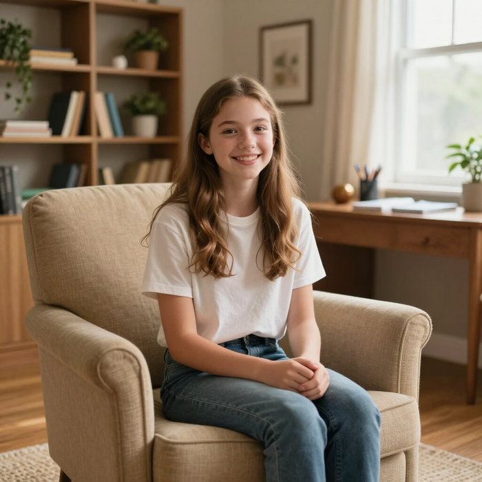Een lachend meisje zit in een beige fauteuil in een gezellige woonkamer met boekenkasten en een bureau.