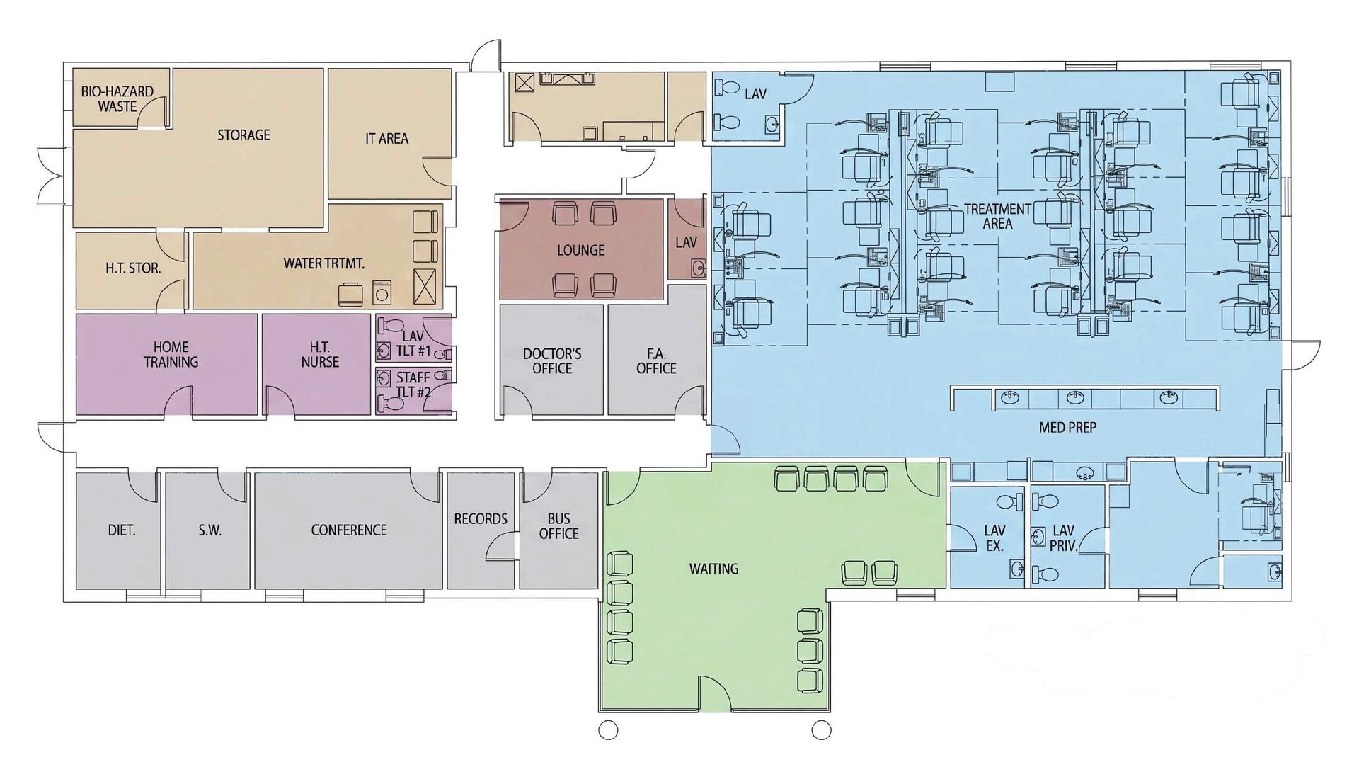 Color-coded DaVita Dialysis center floor plan with labeled rooms and corridors on a white background