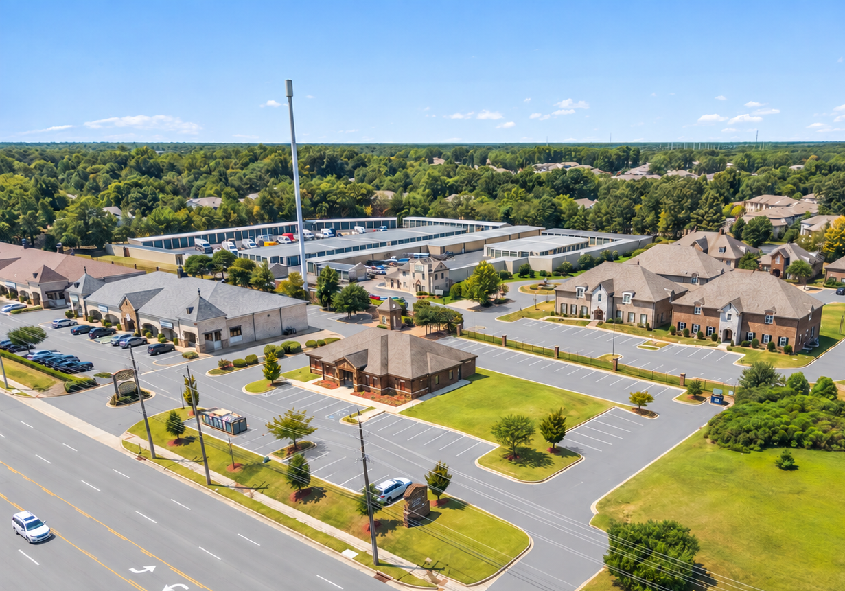 Aerial view of a suburban shopping center with parking lots, roads, and surrounding homes under clear skies