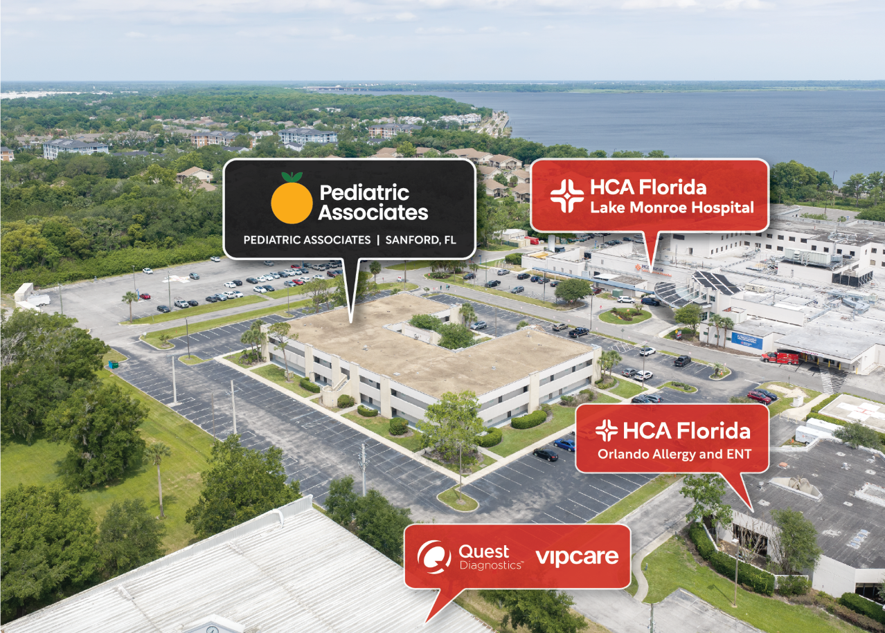 Aerial view of a hospital campus with labeled buildings for Pediatric Associates and HCA Florida facilities.