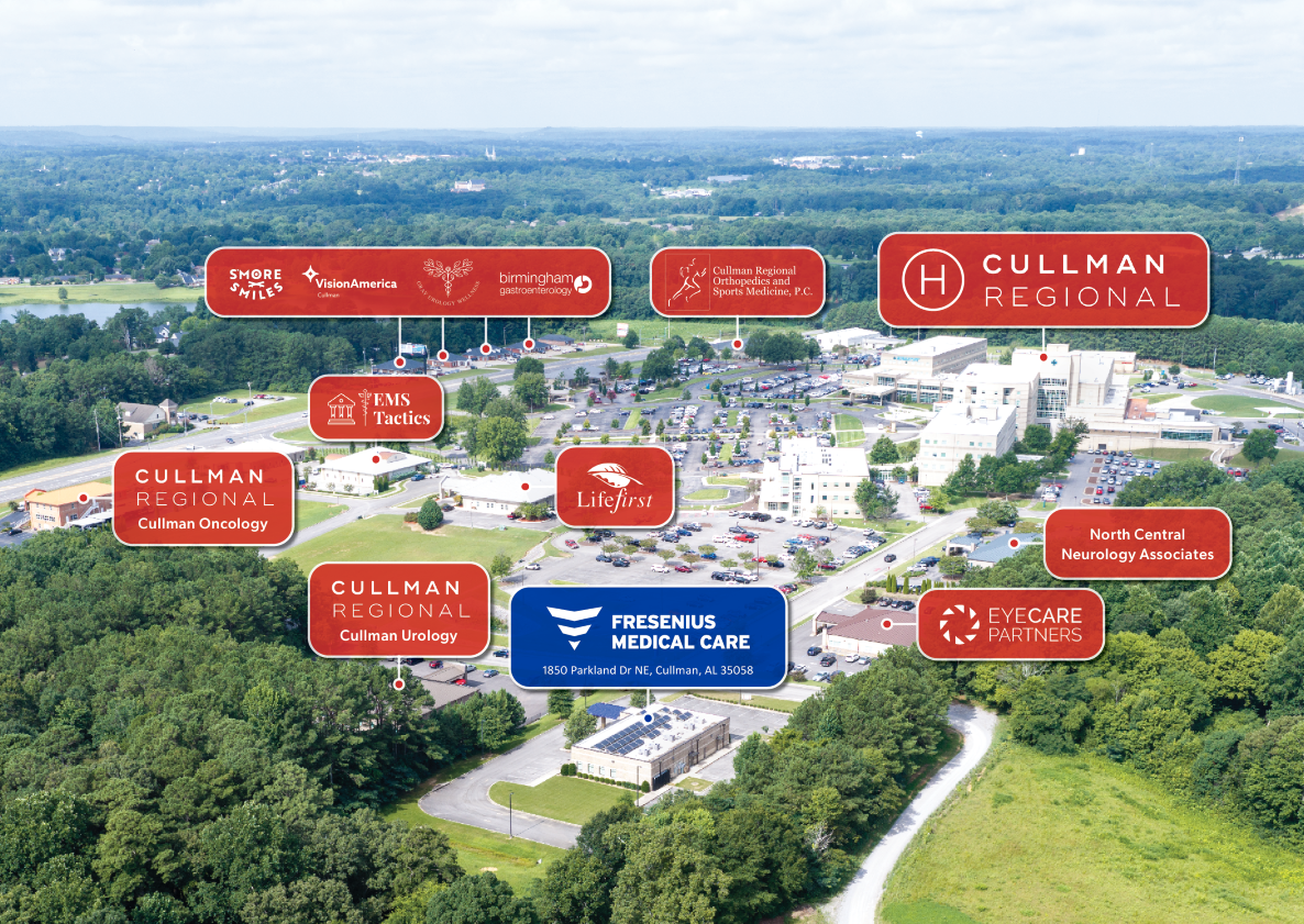 Aerial view of a fresenius medical care building amongst the cullman regional medical center hospital campus