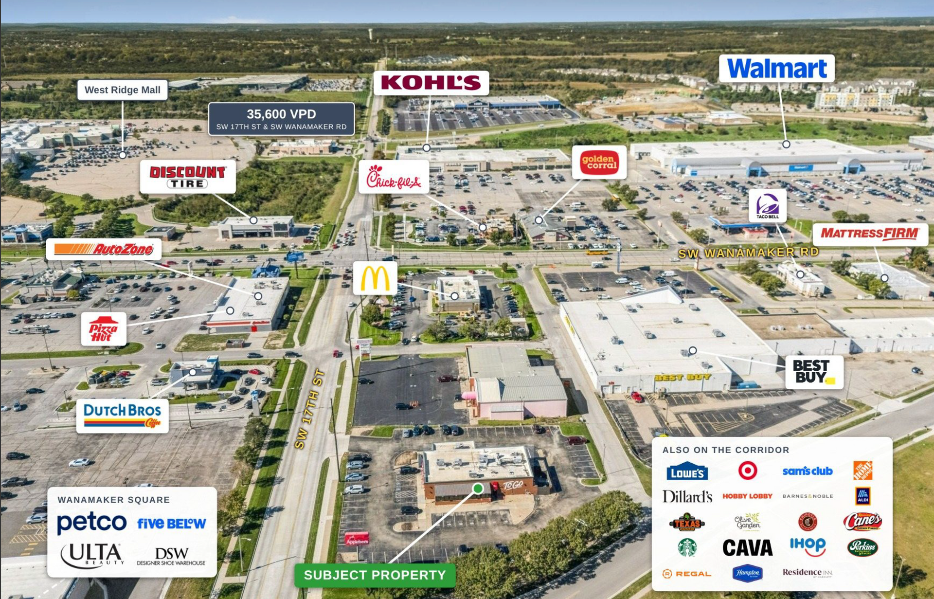 Aerial view of a shopping district with labeled stores and parking lots, including Walmart and Lowe’s