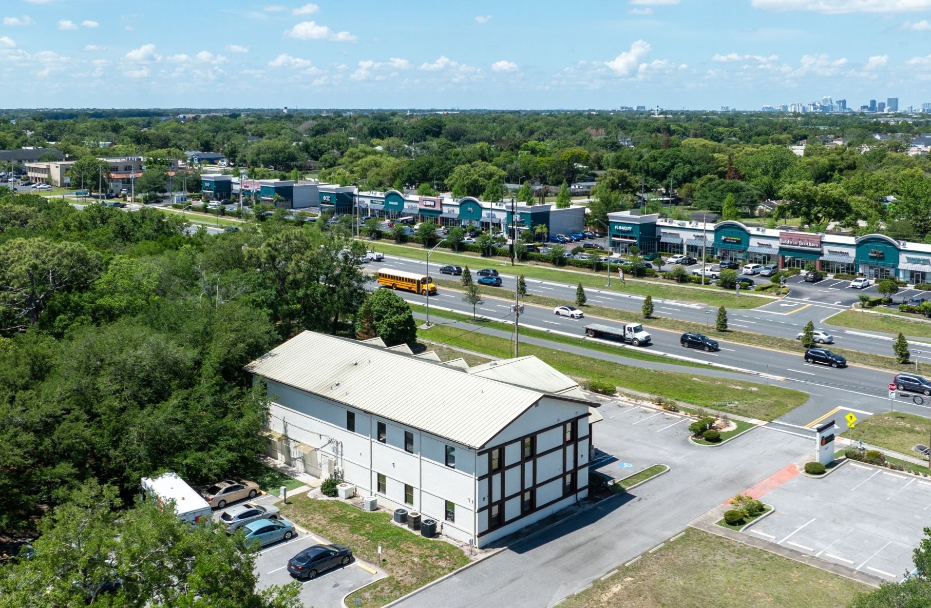 Aerial view of a Pediatric Associates property and highly-trafficked Semoran Boulevard in Orlando, FL