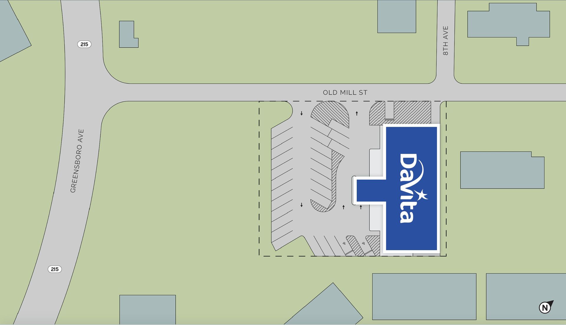 Map showing a DaVita building and surrounding parking lot near roads and green space.