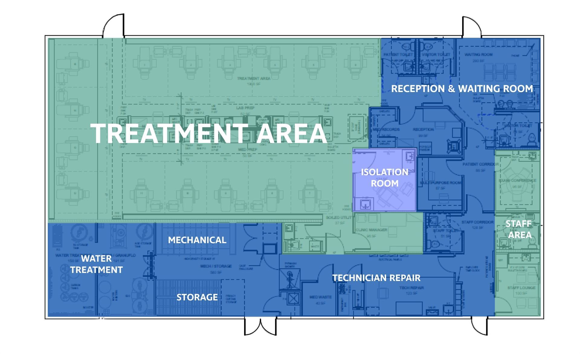 Fresenius floor plan showing a treatment area in teal and blue, with rooms labeled waiting room, reception, and exam rooms