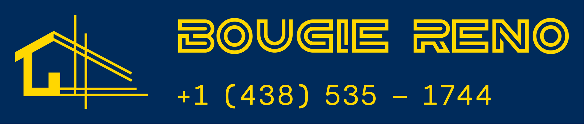 Logo pour Bougie Reno avec une icône de maison jaune et un numéro de téléphone +1 (438) 535-1744 sur un fond bleu foncé.