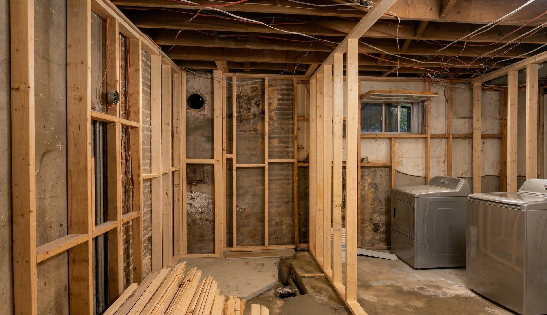 Une pièce au sous-sol non aménagée avec une charpente en bois apparente, des murs en béton et un coin buanderie équipé de deux appareils électroménagers.