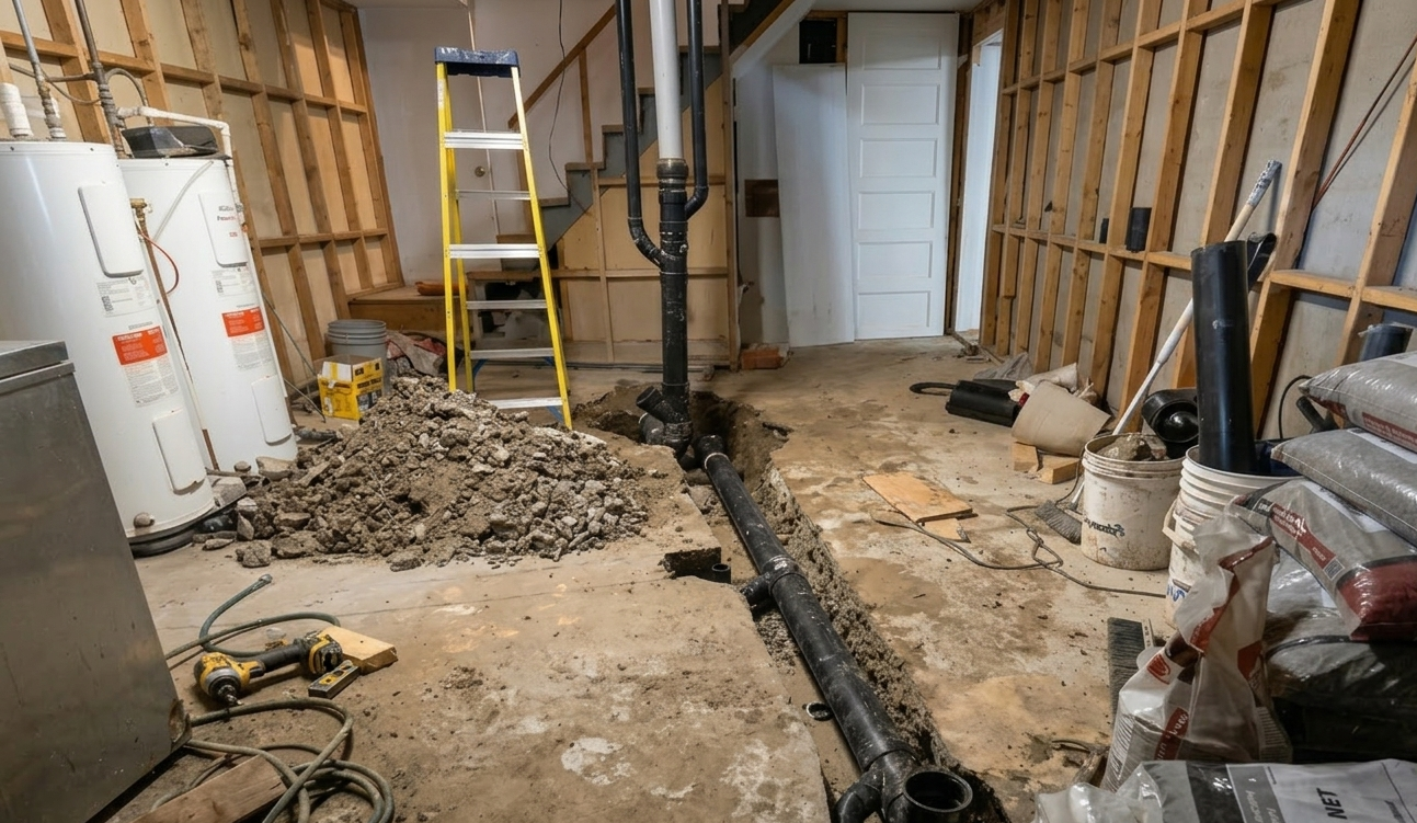 Rénovation du sous-sol avec charpente apparente, deux chauffe-eau, un escabeau jaune et une tranchée creusée dans le sol en béton.