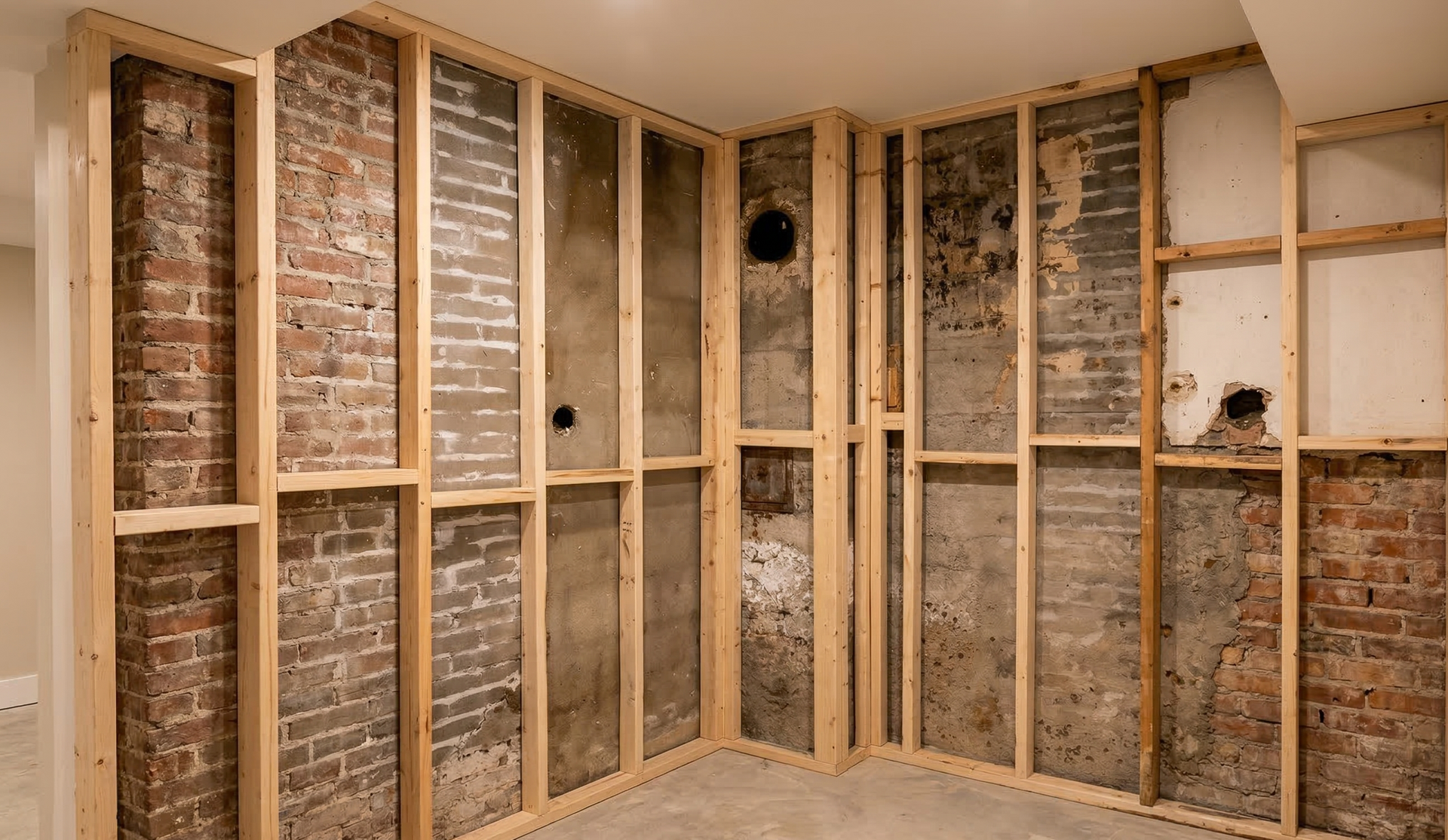 Vue de montants muraux en bois nouvellement installés, encadrés par un angle de sous-sol en briques et béton apparents.
