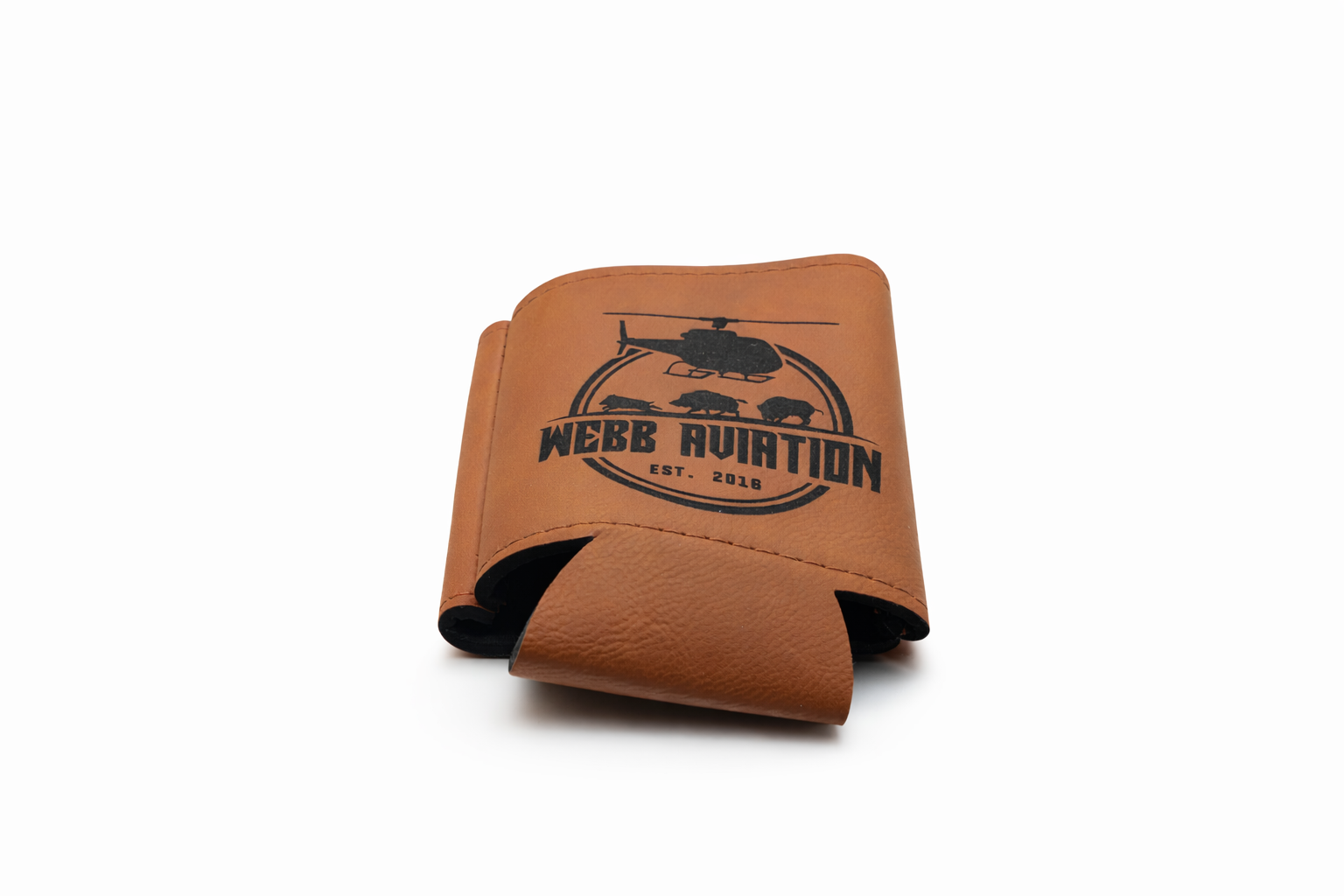 Tan leather beer koozie with black logo, standing on a white background
