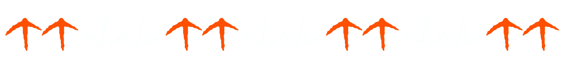 Four orange upward arrows spaced across a white background.