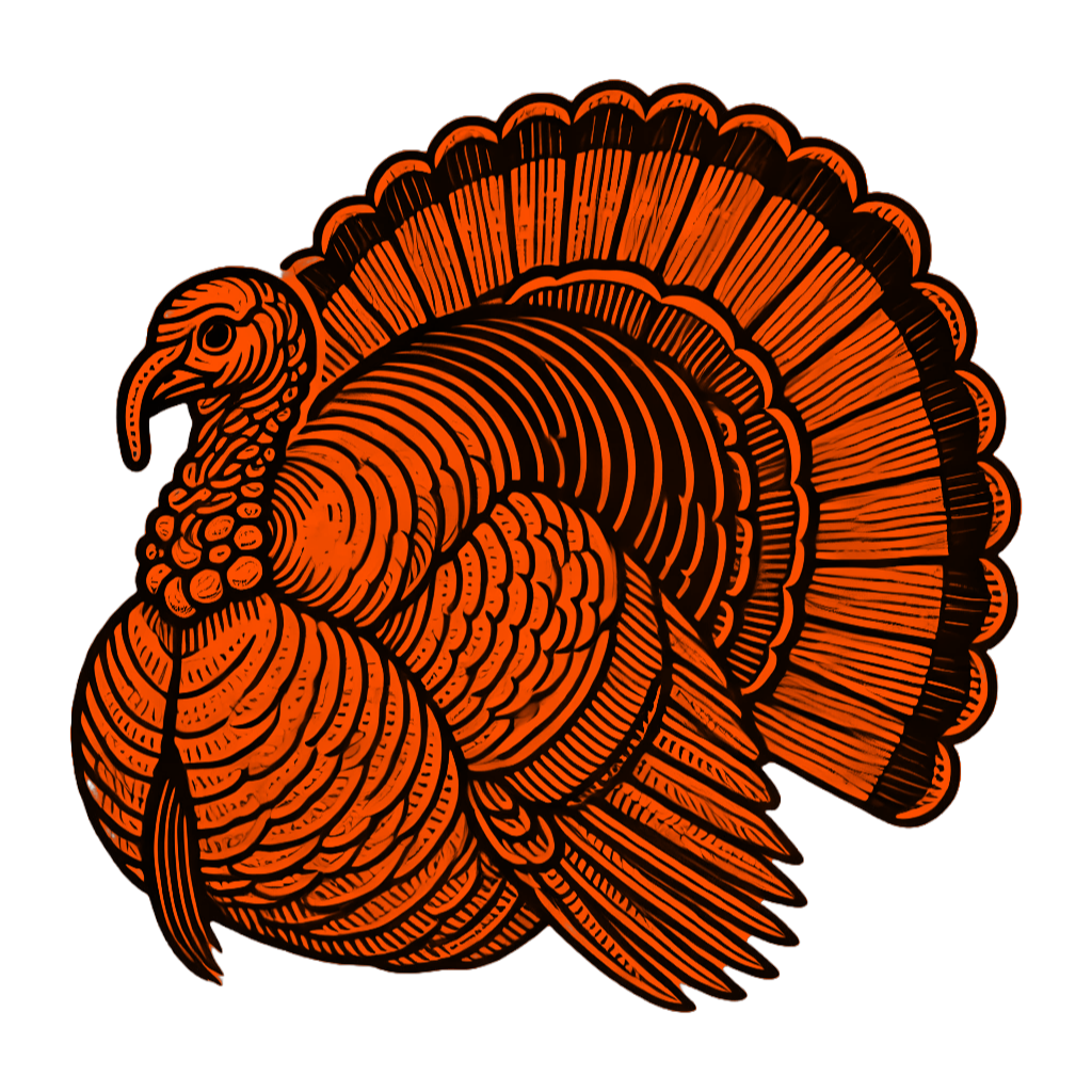 Orange and black illustration of a turkey with a fanned tail, facing left