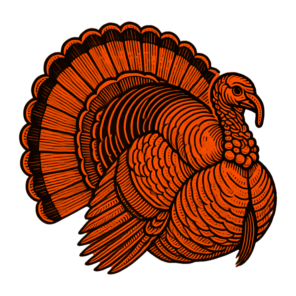 Orange and black engraved turkey with fanned tail, facing right