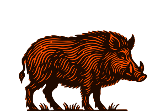 Stylized black-and-orange wild boar walking in profile on a white background