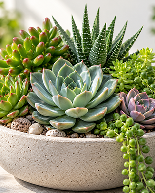 Assorted succulents in a white planter, including a blue-green rosette and trailing green stems