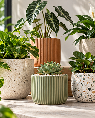 Assorted potted houseplants in textured ceramic planters on a sunlit surface
