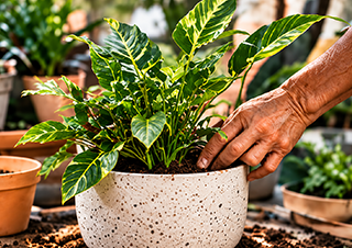 Hands planting a leafy green houseplant in a speckled white pot with soil on a table
