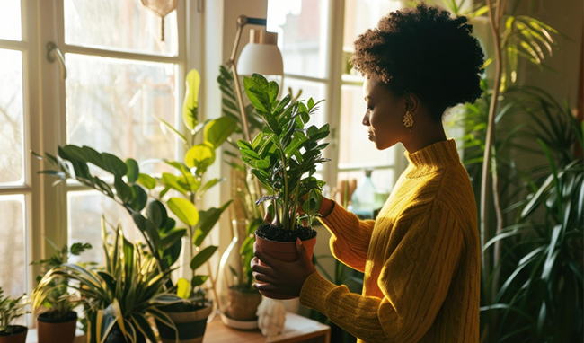 Person watering potted plants beside a sunny window in a bright indoor room