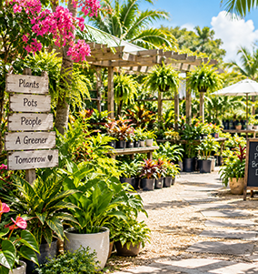 Sunny garden nursery with potted tropical plants, wooden sign, and a gravel path under a pergola