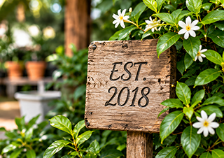 Wooden sign reading “EST. 2018” amid green leaves and white flowers