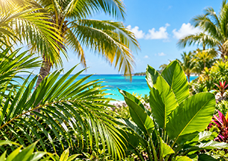 Tropical beach framed by lush green palms with turquoise ocean and blue sky in the background