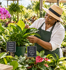 Gardener tending lush potted plants in a greenhouse, with signs reading “Healthy Plants, Happier Homes” and “Great Spaces, Bright Days”