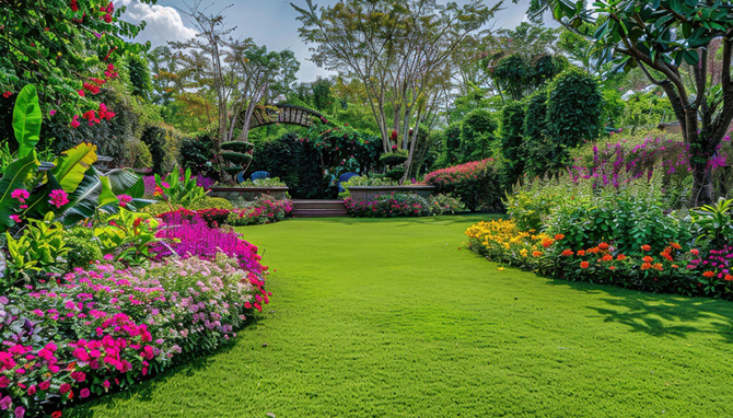 Lush garden lawn bordered by vibrant pink, red, and orange flowers and dense green trees